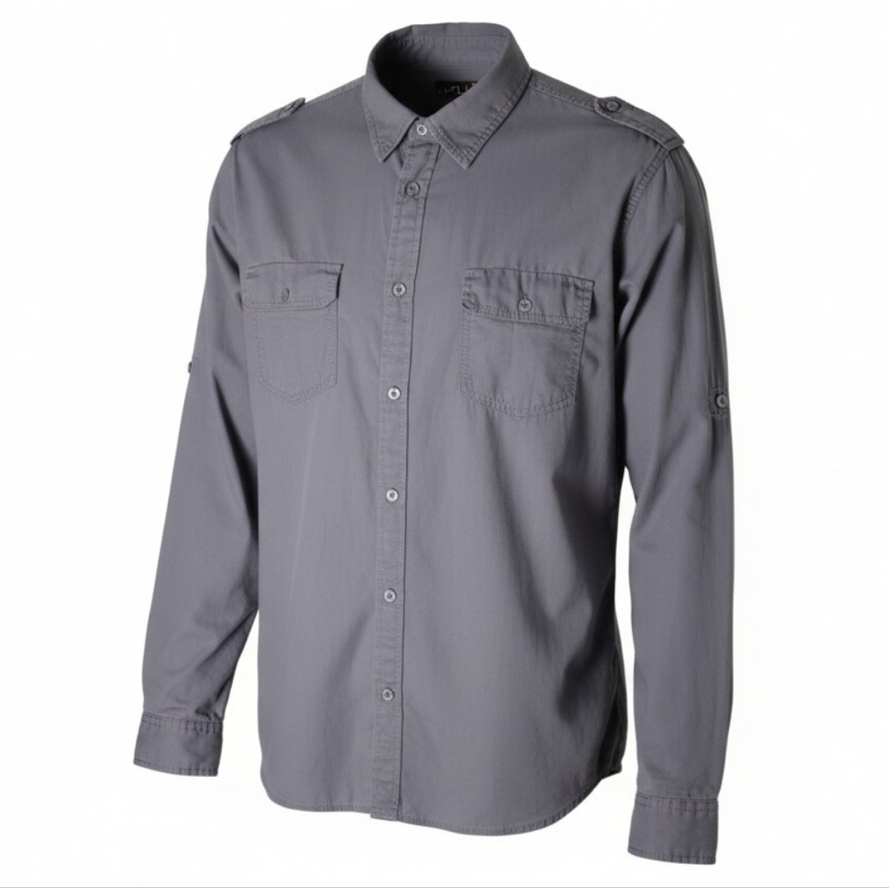 Helix men's XL gray button down shirt embroidered graphic back roll tab sleeve